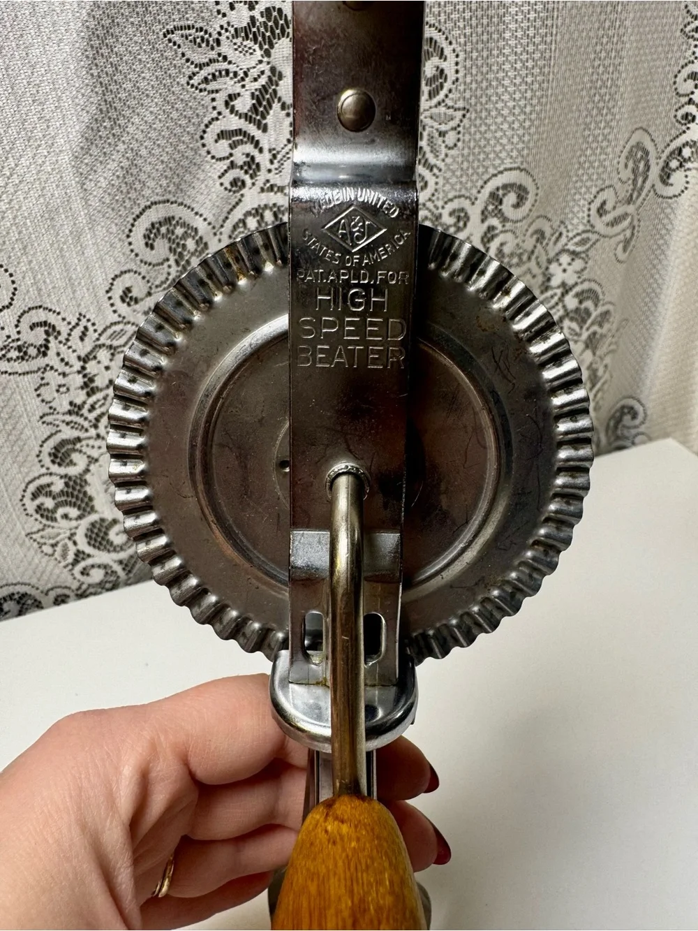 Vintage A+J Ecko High Speed Rotary Egg Beater Stainless Steel Wood Handle USA